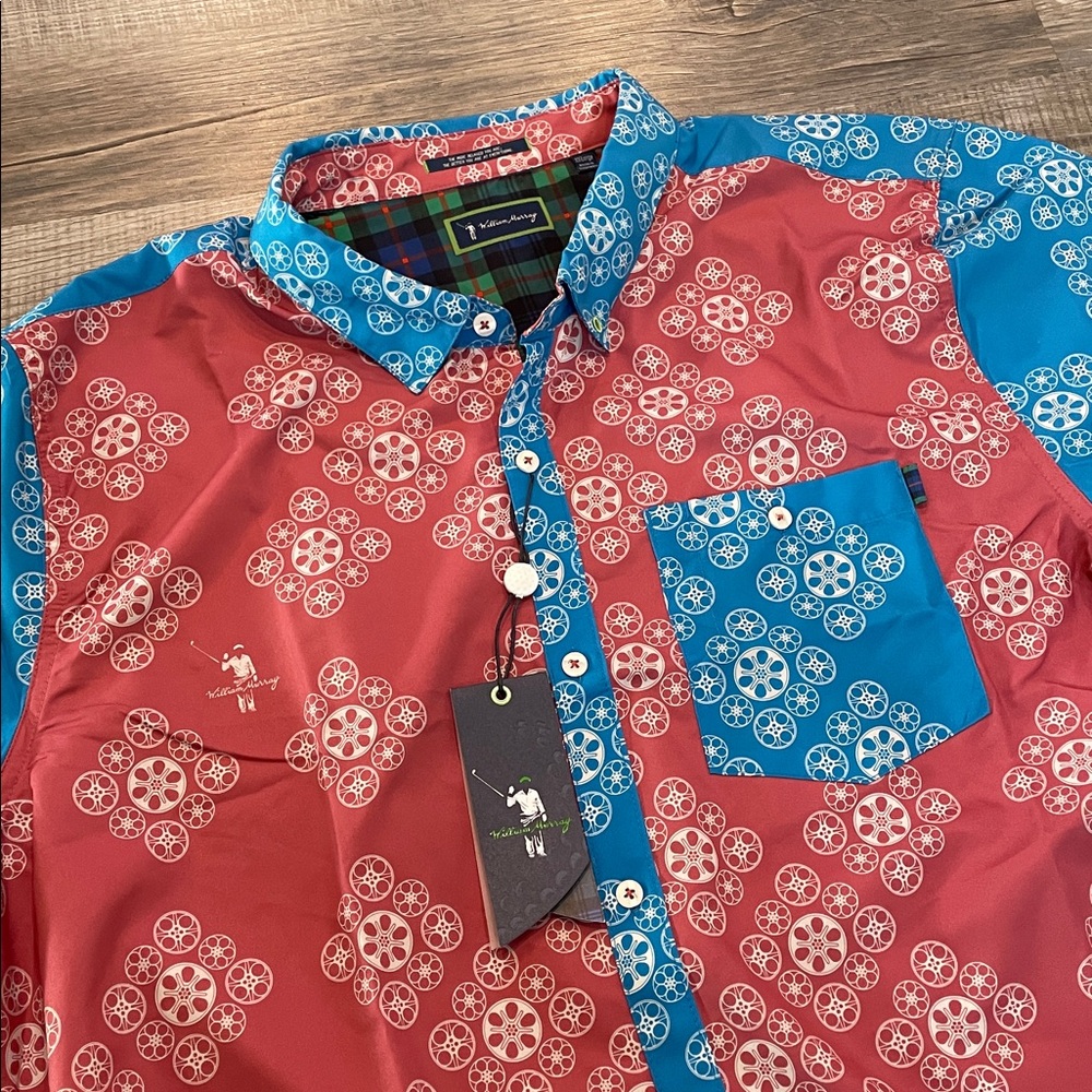 William Murray Golf Red and Blue Patterned Short Sleeve Shirt